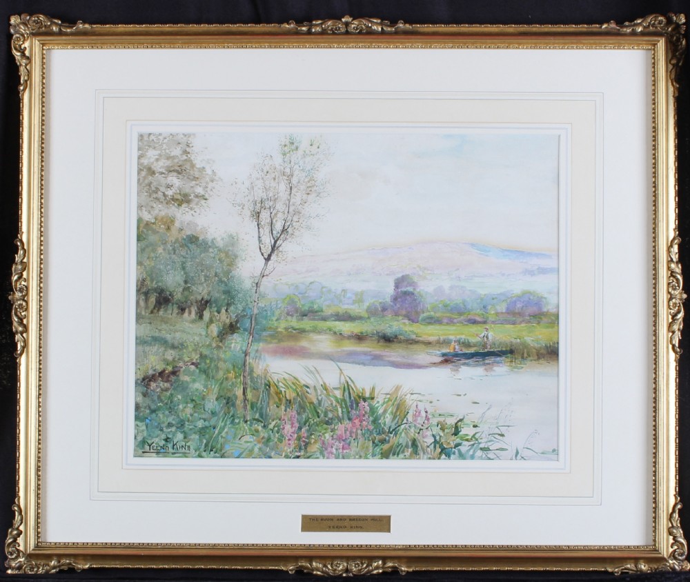 A framed watercolour painting depicting a river scene with trees, figures in a boat, and hills in the background, housed in a double mount and ornate gilt frame.