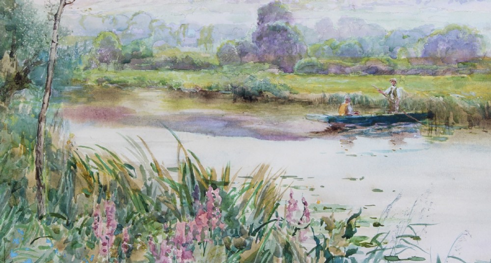 A framed watercolour painting depicting a river scene with trees, figures in a boat, and hills in the background, housed in a double mount and ornate gilt frame. View III