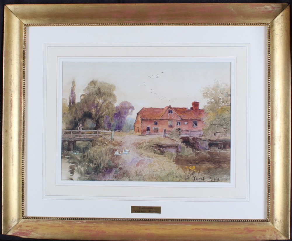 A late 19th-century watercolour painting by Yeend King featuring a red-roofed cottage alongside a stream with a wooden footbridge and birds in flight. View II