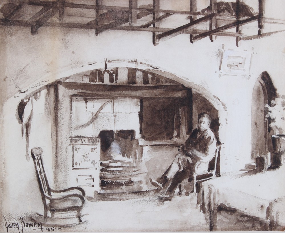 A monochrome sepia watercolour painting depicting a figure seated near a large inglenook fireplace inside a historic castle interior.