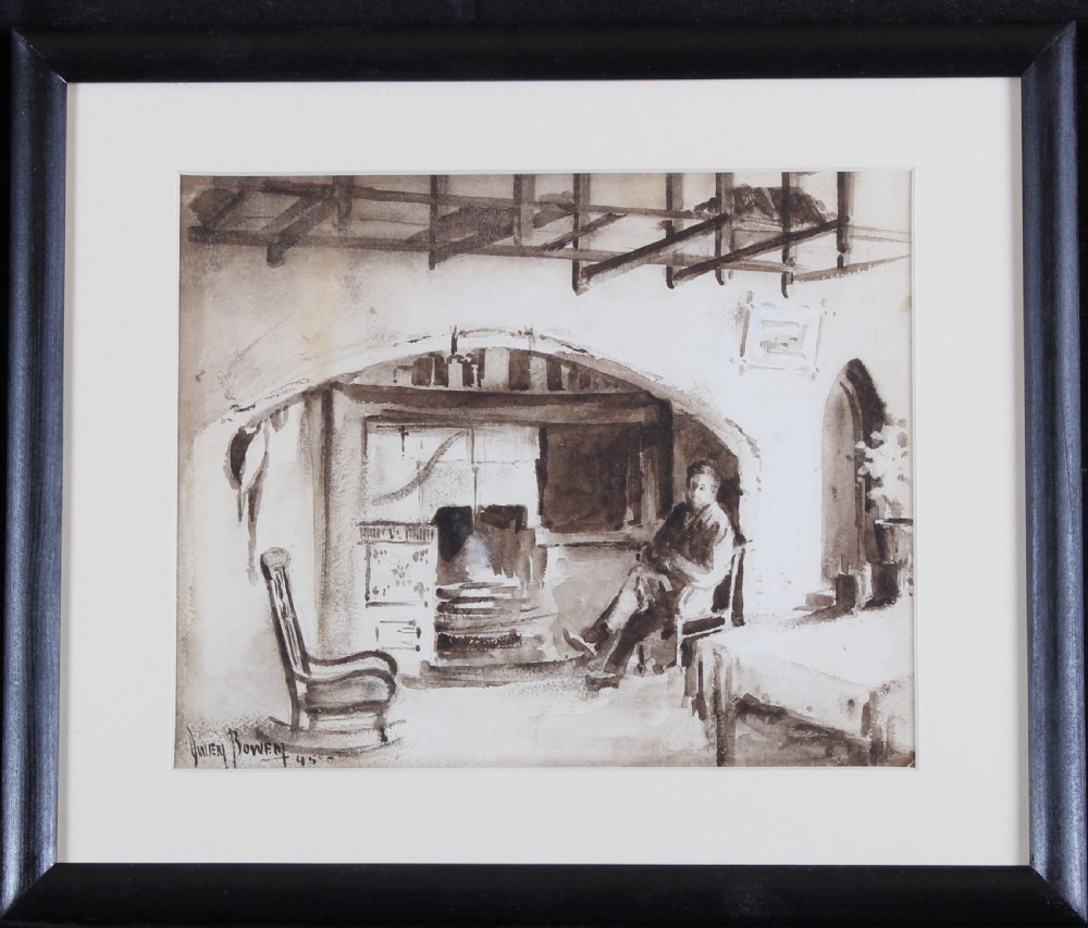 A monochrome sepia watercolour painting depicting a figure seated near a large inglenook fireplace inside a historic castle interior. View II