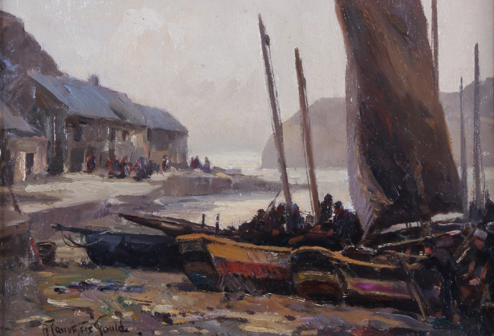 An impressionistic marine oil painting depicting fishing boats along the shore of Staithes with figures and cottages against coastal cliffs in muted brown and grey tones.