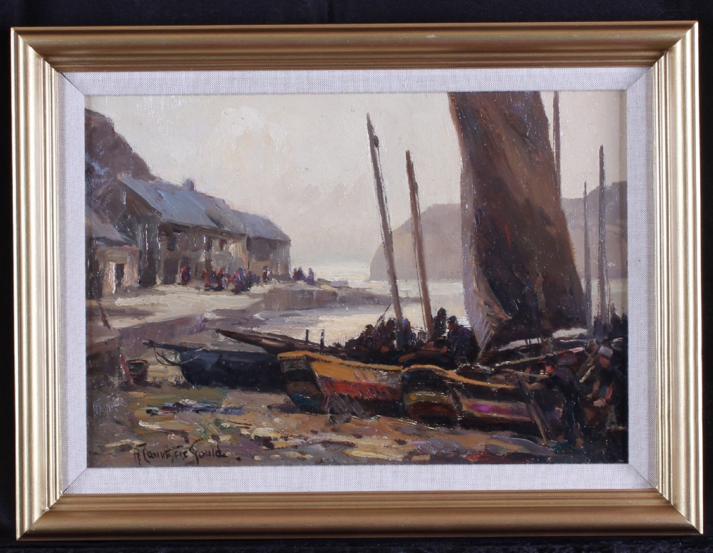 An impressionistic marine oil painting depicting fishing boats along the shore of Staithes with figures and cottages against coastal cliffs in muted brown and grey tones. View II
