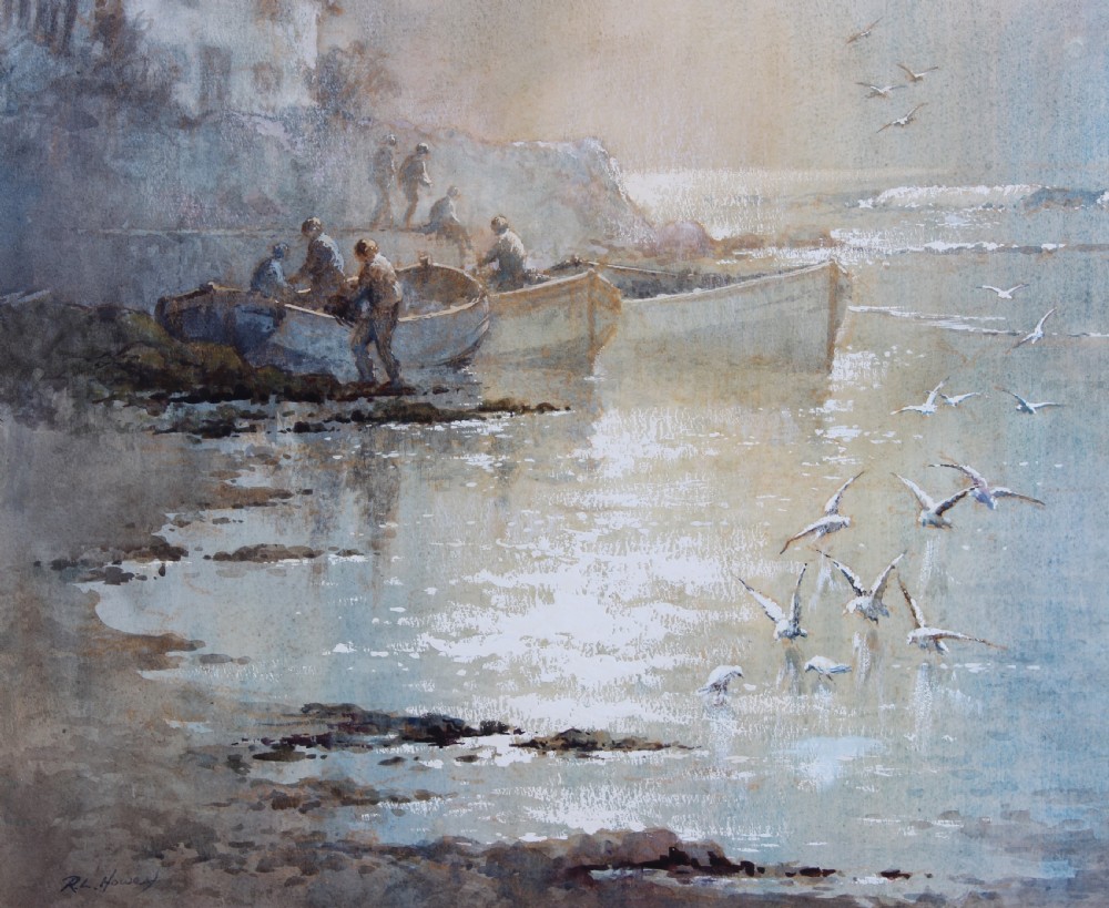 A marine watercolour painting depicting fishermen beside boats on a coastal shore with flying seagulls under mist, signed lower left by R. L. Howey.