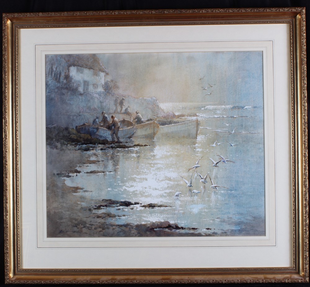 A marine watercolour painting depicting fishermen beside boats on a coastal shore with flying seagulls under mist, signed lower left by R. L. Howey. View II