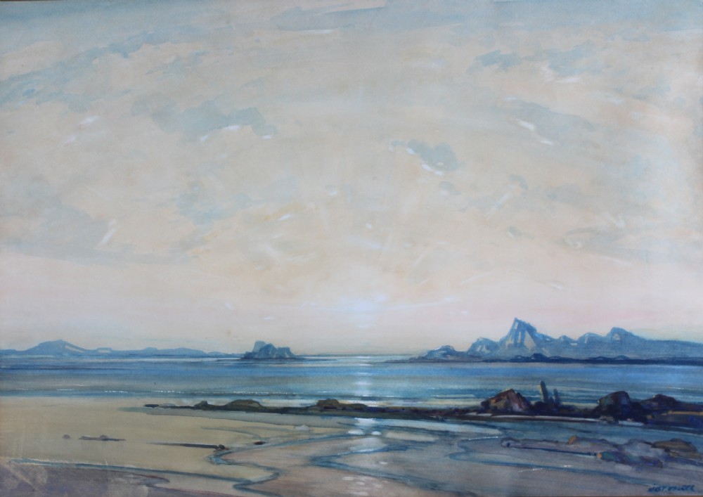 A framed landscape watercolour painting depicting a coastal seascape at sunset with distant mountains, blue waters, and a gold gilt frame. View II