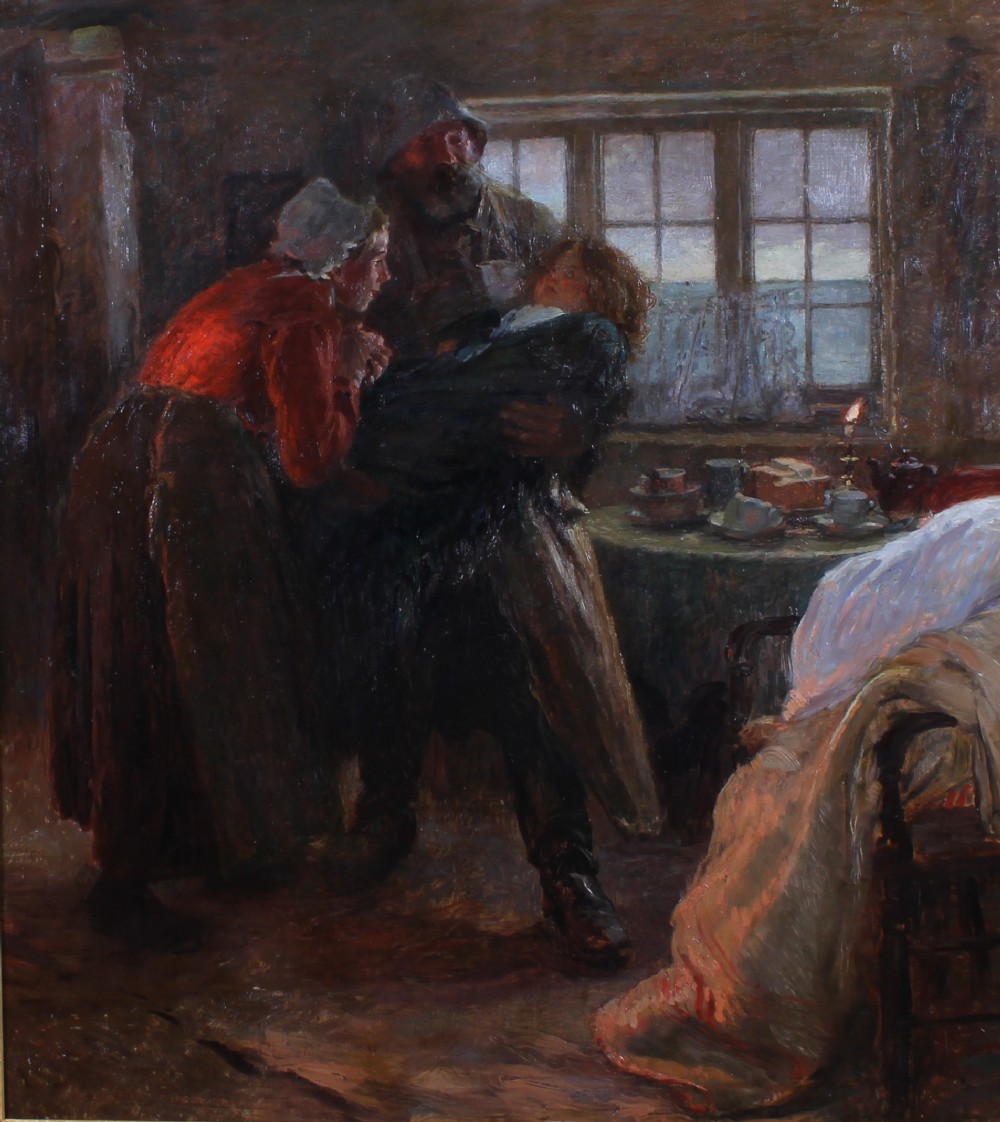 An oil painting depicting a fisherman carrying a sleeping child into a dimly lit cottage room while a woman wearing a red top leans forward.