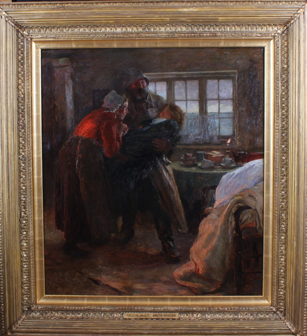 An oil painting depicting a fisherman carrying a sleeping child into a dimly lit cottage room while a woman wearing a red top leans forward. View II
