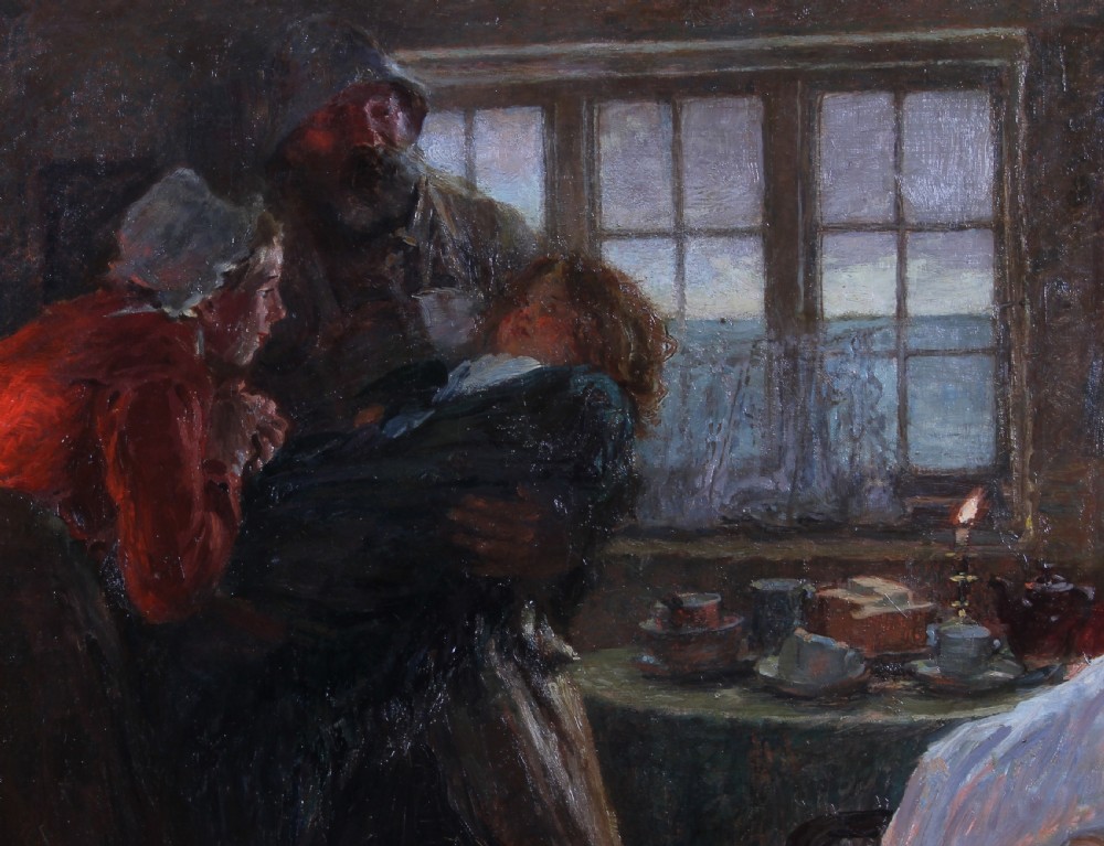 An oil painting depicting a fisherman carrying a sleeping child into a dimly lit cottage room while a woman wearing a red top leans forward. View III