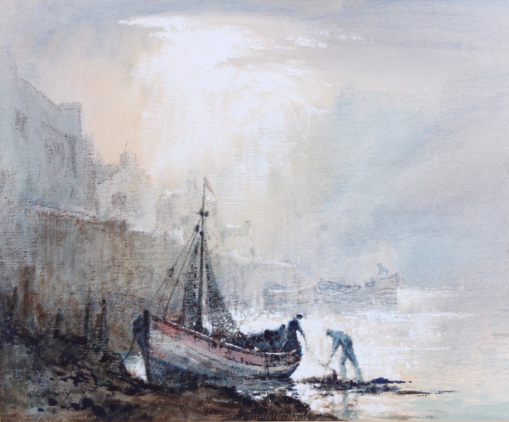 An atmospheric watercolour painting illustrating a fishing coble boat resting on a misty shore near steep cliffs with figures working nearby.