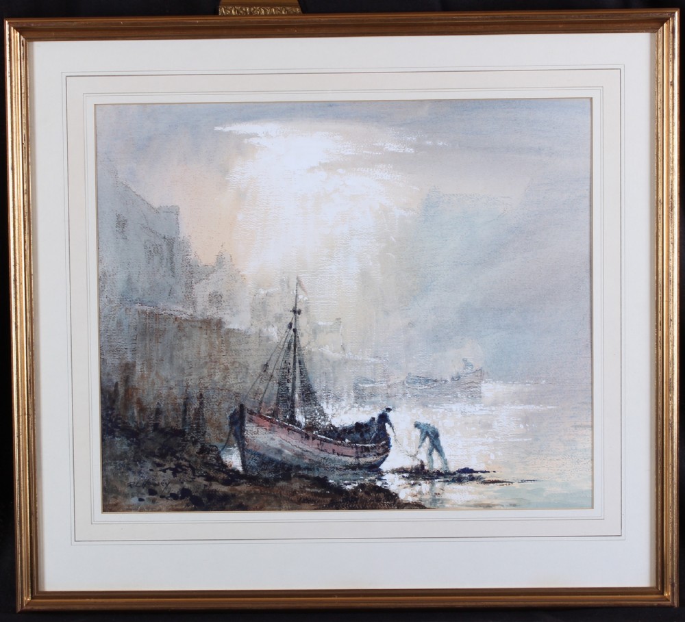 An atmospheric watercolour painting illustrating a fishing coble boat resting on a misty shore near steep cliffs with figures working nearby. View II