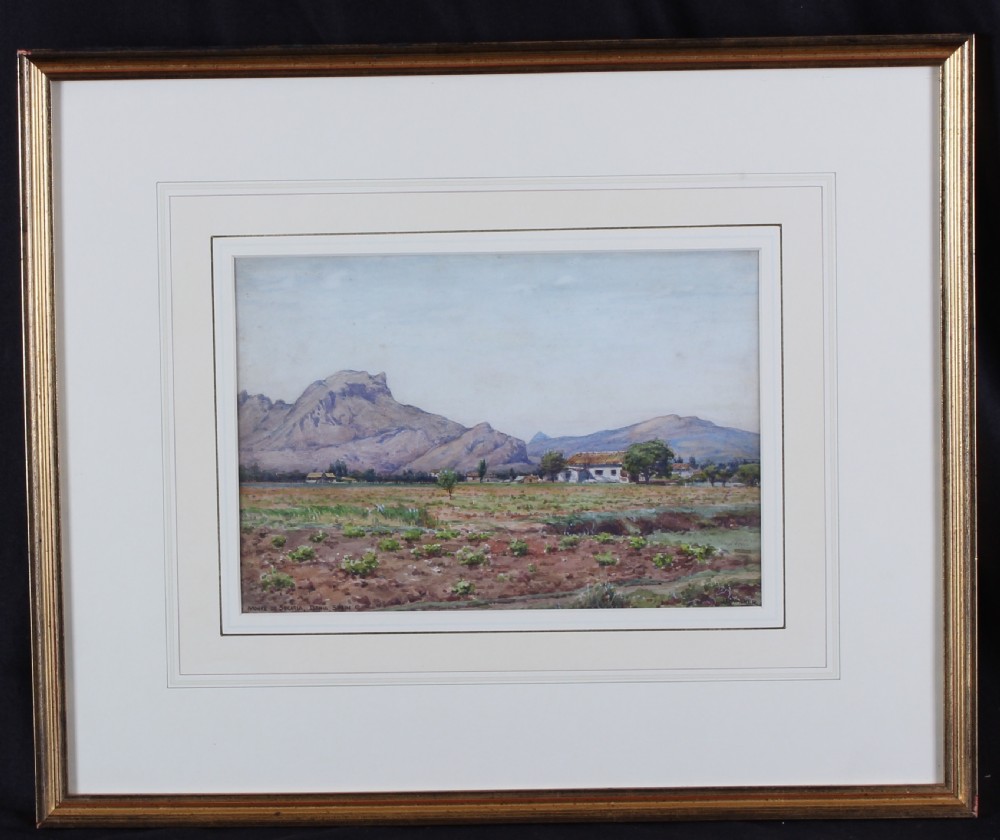 A landscape watercolour painting depicting agricultural fields in the foreground with a whitewashed building and a rocky mountain range under a pale sky. View II