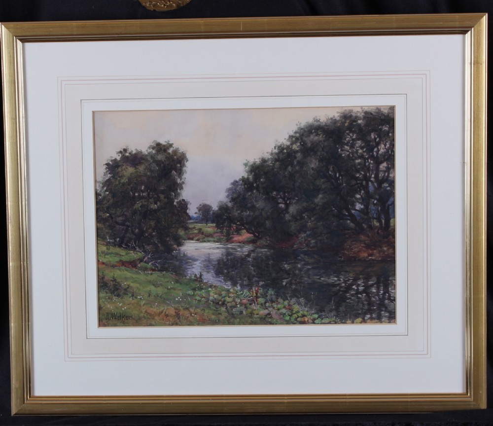 A landscape watercolour painting depicting the River Wharfe bordered by leafy green trees under an overcast sky, signed by artist J.D. Walker in the lower left corner. View II