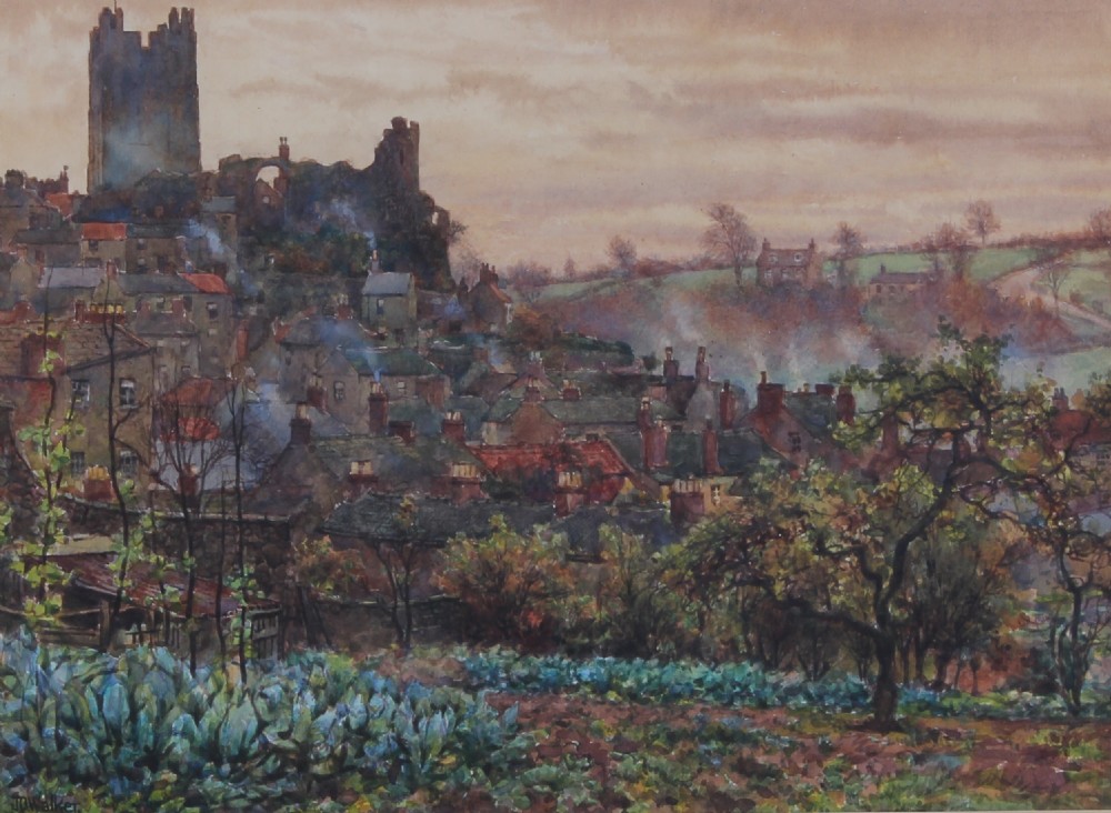 A watercolour painting depicting Richmond Castle on a hill overlooking stone cottages with smoking chimneys and a vegetable garden in the foreground.