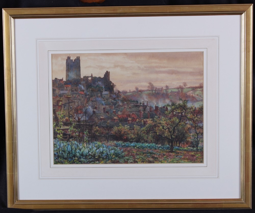 A watercolour painting depicting Richmond Castle on a hill overlooking stone cottages with smoking chimneys and a vegetable garden in the foreground. View VI
