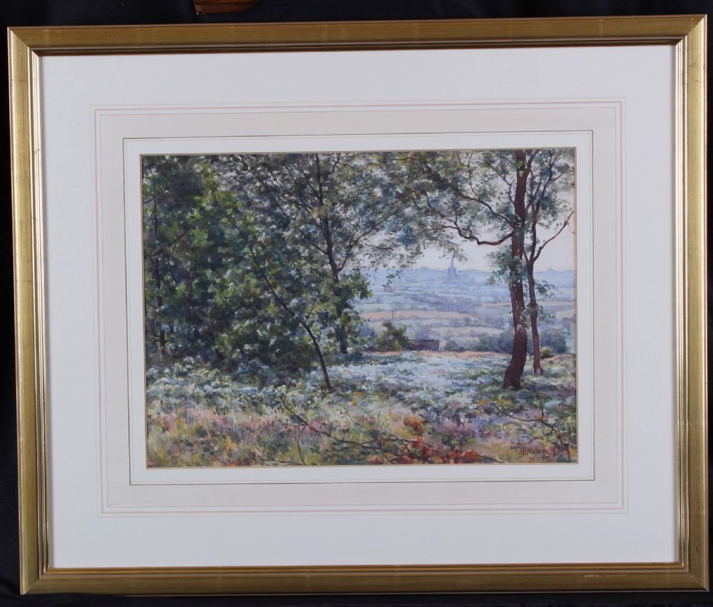 A watercolour painting depicting leafy green trees framing a distant view of rolling hills, a valley, and a church spire in Yorkshire. View II