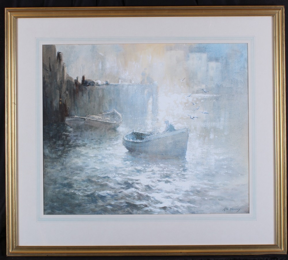 A watercolour painting depicting traditional fishing cobles floating near a harbour wall in misty light by artist Robert Leslie Howey. View II