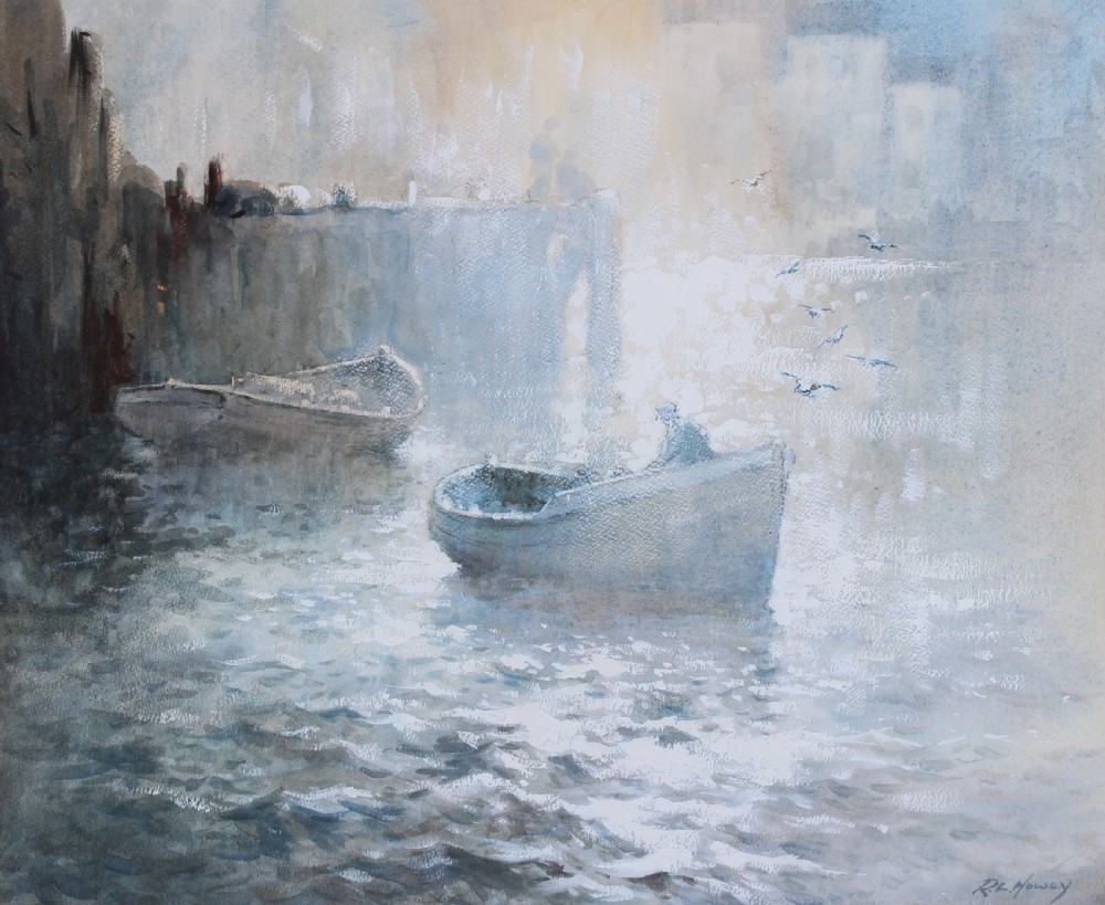 A watercolour painting depicting traditional fishing cobles floating near a harbour wall in misty light by artist Robert Leslie Howey. View VI