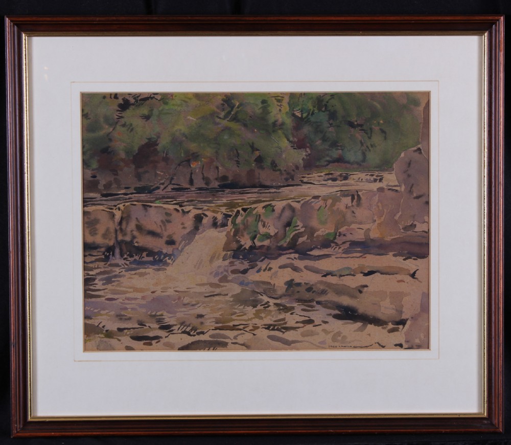 A watercolour painting depicting a rocky river waterfall in Wensleydale with lush foliage in the background, signed Fred Lawson in the lower right corner. View II