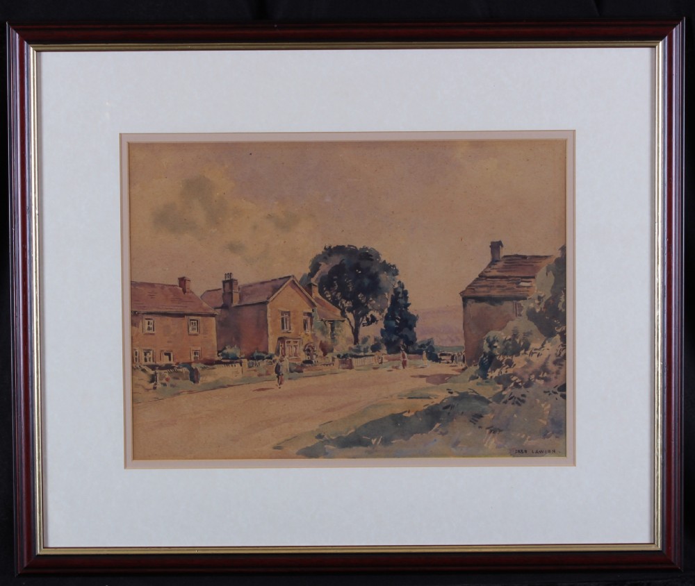 A watercolour painting depicting stone cottages lining a village street in Castle Bolton, Wensleydale, executed in muted earth tones. View II