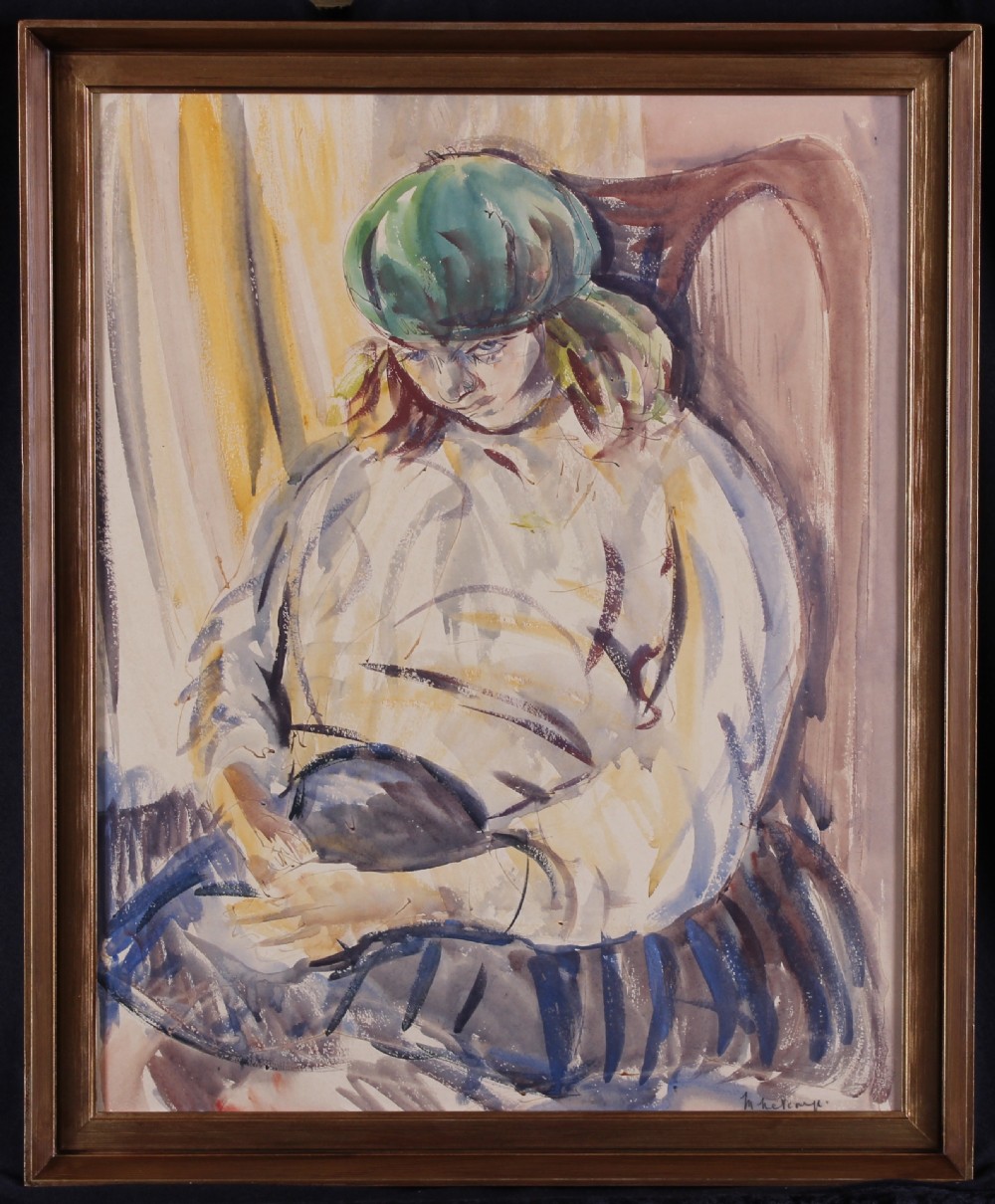 A framed watercolour painting depicting a seated figure wearing a green headpiece and a light top, rendered in muted washes.