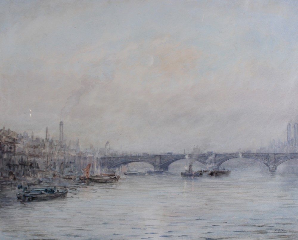 An antique atmospheric watercolour painting depicting Kew Bridge across the River Thames under a pale misty sky with boats in the foreground.