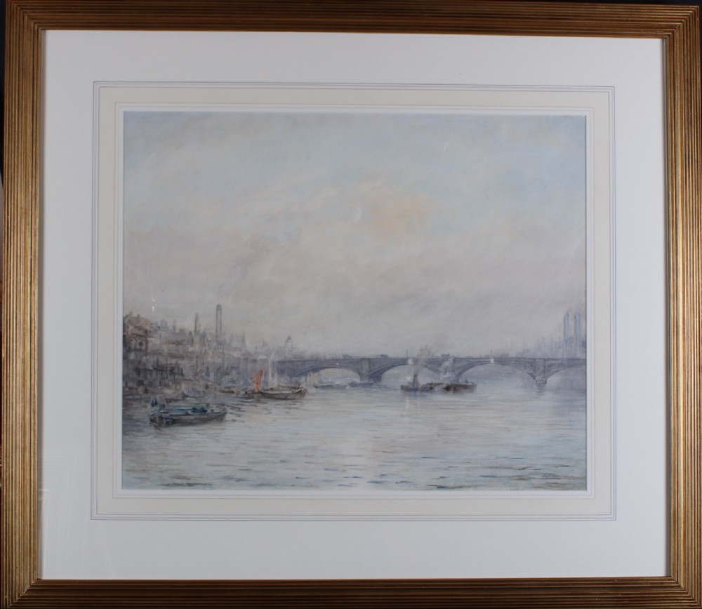 An antique atmospheric watercolour painting depicting Kew Bridge across the River Thames under a pale misty sky with boats in the foreground. View II