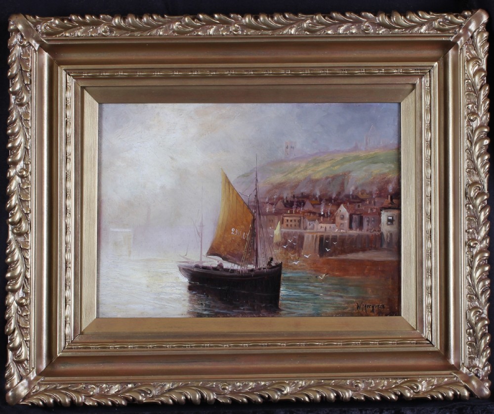A matching pair of framed oil paintings depicting coastal harbour scenes with sailing vessels, set in ornate gold moulding. View II