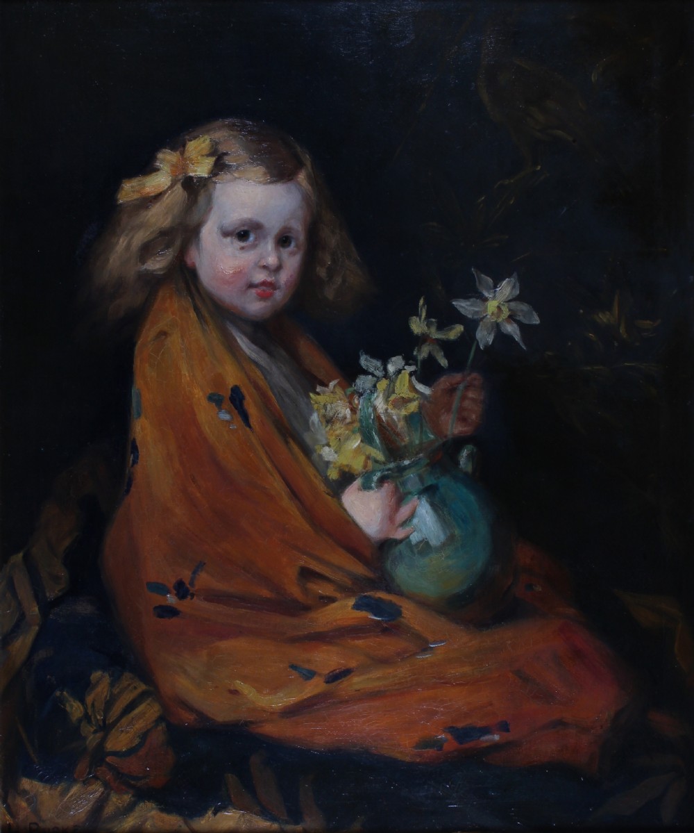 An antique oil painting depicting a young girl draped in a warm orange shawl holding a jug of flowers, enclosed within a carved gilded frame. View II