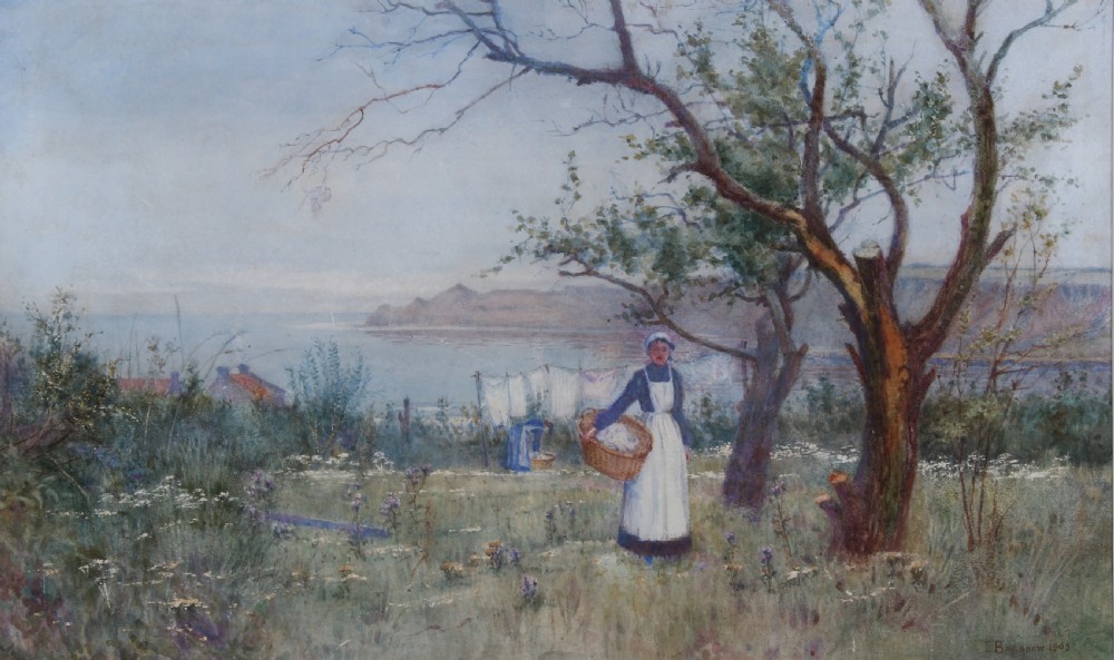 An Edwardian landscape watercolour painting depicting a figure with a laundry basket in a grassy coastal setting overlooking the sea.