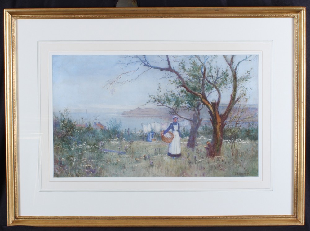 An Edwardian landscape watercolour painting depicting a figure with a laundry basket in a grassy coastal setting overlooking the sea. View II