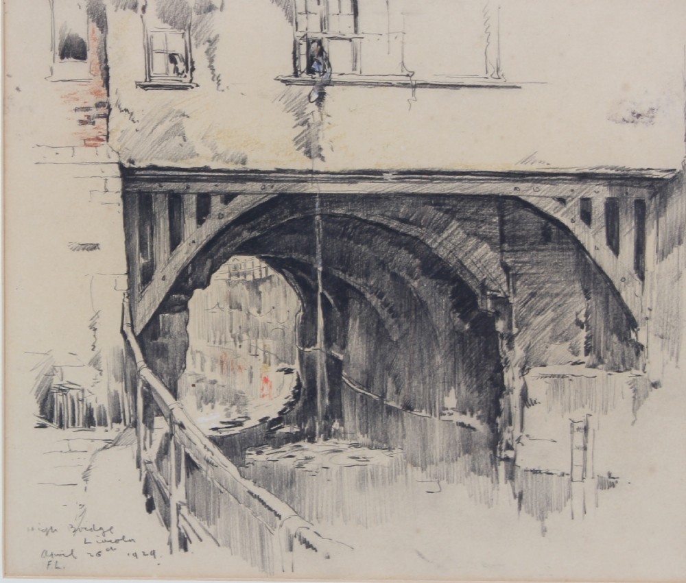 A pencil and watercolour architectural drawing depicting the stone arch beneath High Bridge in Lincoln, dated 1929.