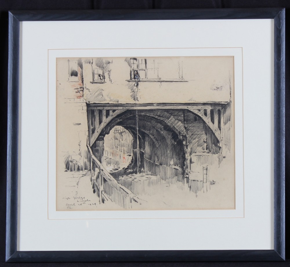 A pencil and watercolour architectural drawing depicting the stone arch beneath High Bridge in Lincoln, dated 1929. View II