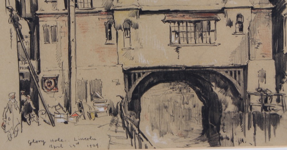 A pencil and wash architectural drawing depicting the timber-framed Glory Hole building and archway in Lincoln, dated 1929. View IV