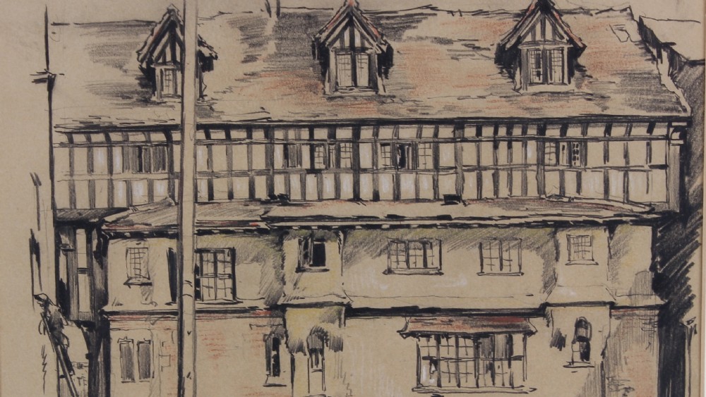 A pencil and wash architectural drawing depicting the timber-framed Glory Hole building and archway in Lincoln, dated 1929. View V