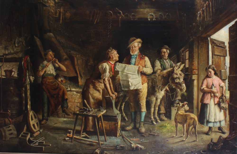 A 19th-century Victorian oil painting depicting a detailed blacksmith shop interior with working figures, an anvil, tools, a dog, and a donkey.