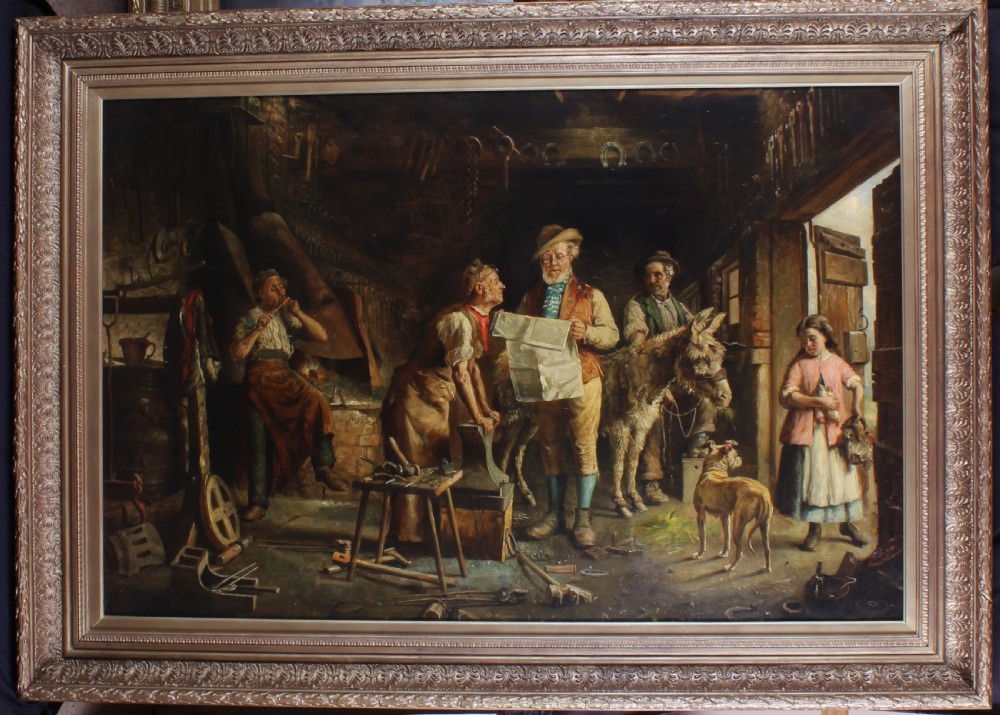 A 19th-century Victorian oil painting depicting a detailed blacksmith shop interior with working figures, an anvil, tools, a dog, and a donkey. View II