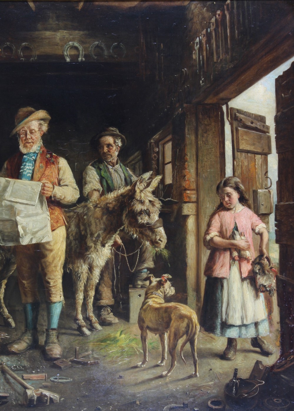 A 19th-century Victorian oil painting depicting a detailed blacksmith shop interior with working figures, an anvil, tools, a dog, and a donkey. View X