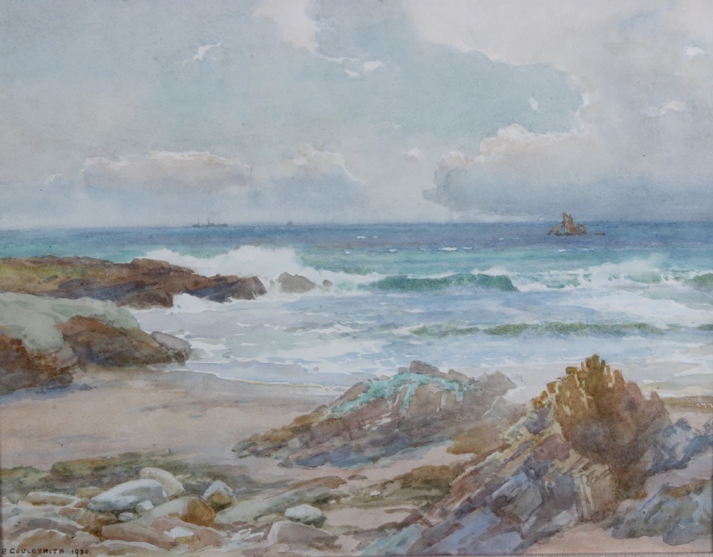 A watercolour painting depicting a rocky beach with breaking ocean waves, distant sailing vessels, and a cloudy sky in Croyde Bay, Devon.