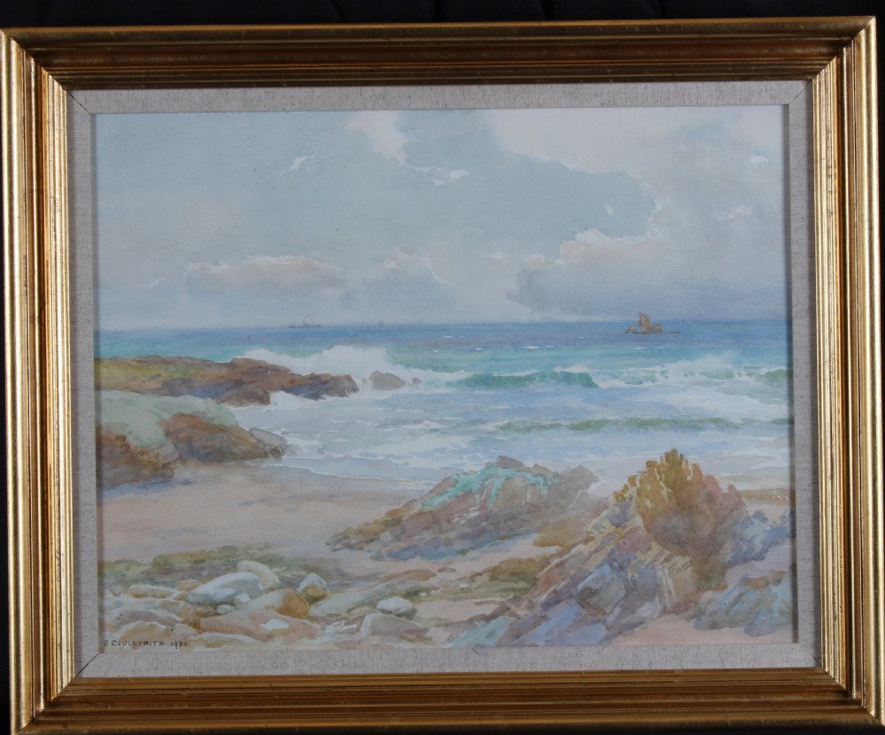 A watercolour painting depicting a rocky beach with breaking ocean waves, distant sailing vessels, and a cloudy sky in Croyde Bay, Devon. View II