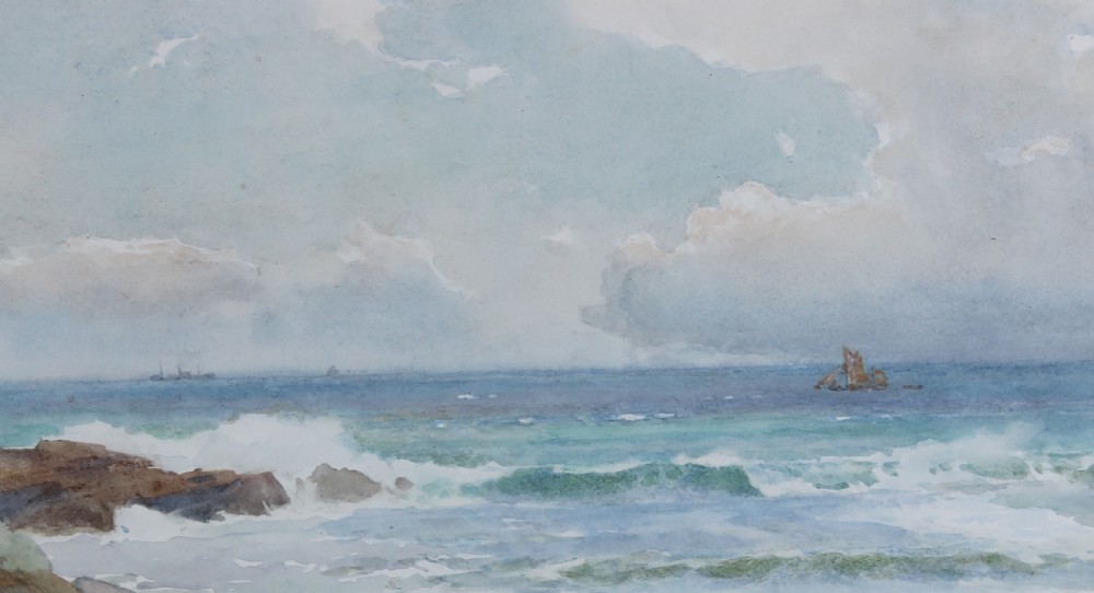 A watercolour painting depicting a rocky beach with breaking ocean waves, distant sailing vessels, and a cloudy sky in Croyde Bay, Devon. View III
