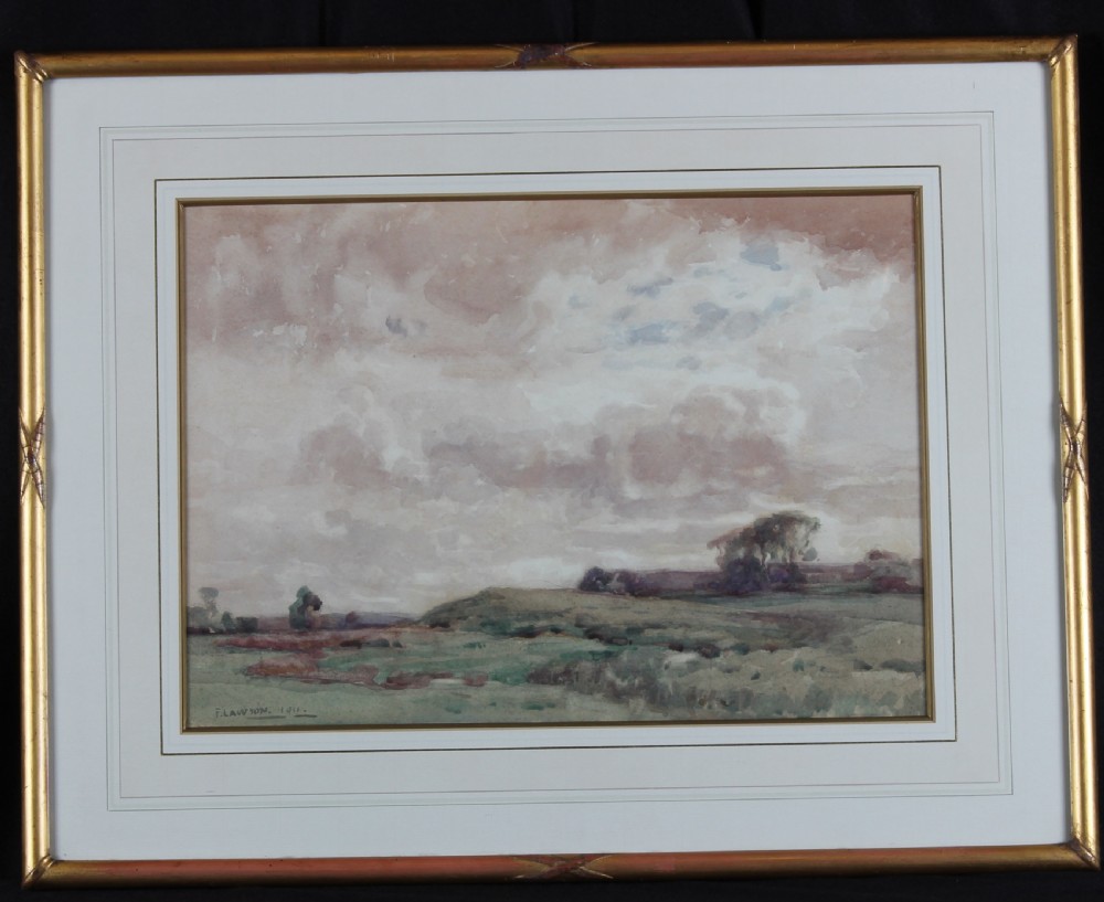 An original 1911 watercolour painting depicting a rolling Wensleydale landscape beneath an expansive overcast sky in muted tones of green, mauve, and grey. View II
