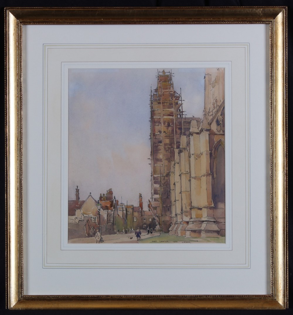 A watercolour painting depicting Lincoln Cathedral under renovation alongside adjacent buildings and small street figures. View II