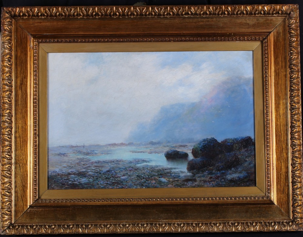 An antique oil painting depicting a hazy coastal tide pool scene with dark rocky outcrops, soft mist-covered cliffs, and an overcast sky. View II