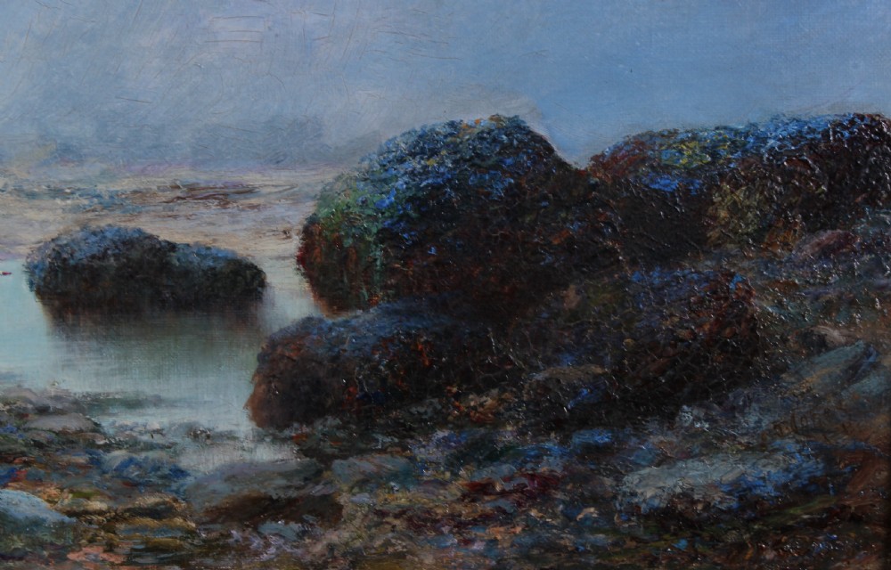 An antique oil painting depicting a hazy coastal tide pool scene with dark rocky outcrops, soft mist-covered cliffs, and an overcast sky. View IV