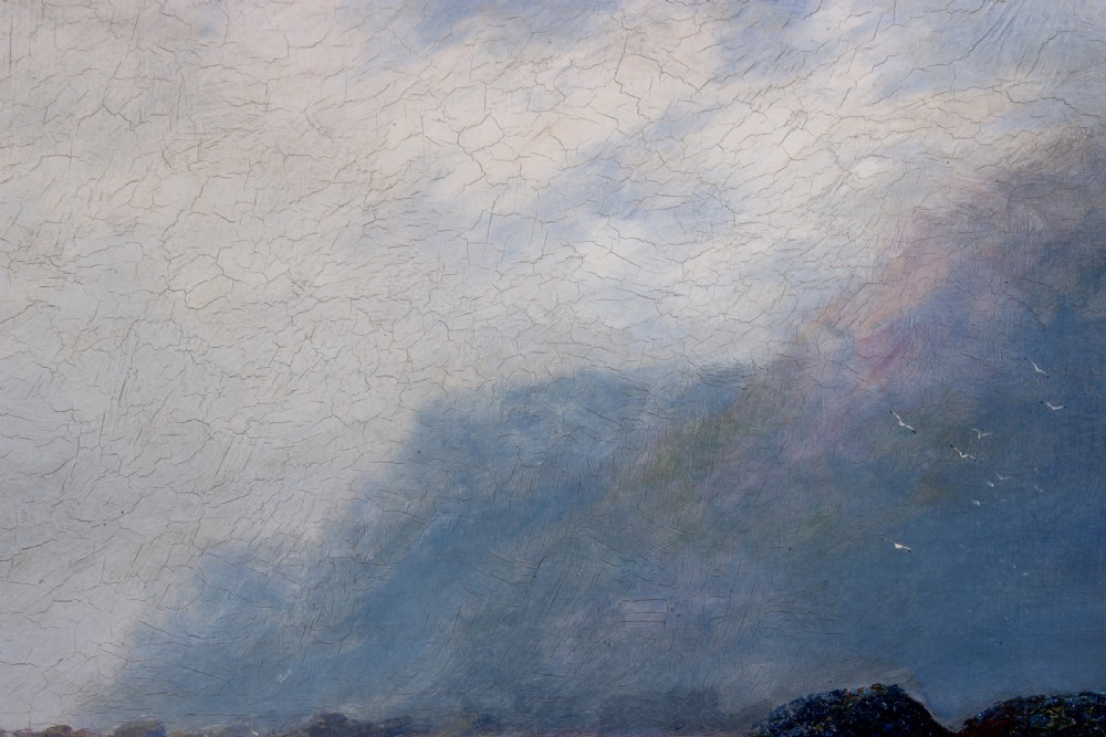 An antique oil painting depicting a hazy coastal tide pool scene with dark rocky outcrops, soft mist-covered cliffs, and an overcast sky. View V