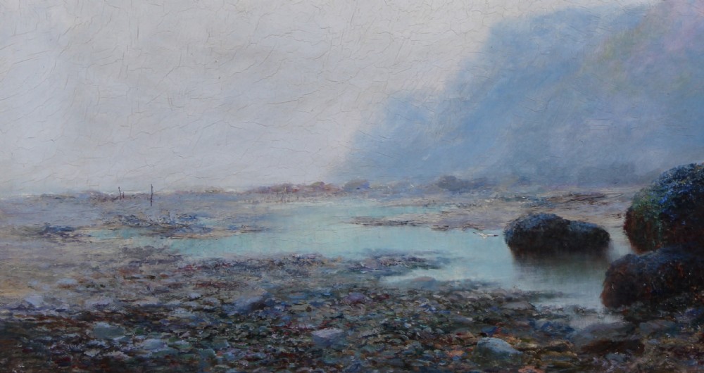 An antique oil painting depicting a hazy coastal tide pool scene with dark rocky outcrops, soft mist-covered cliffs, and an overcast sky. View VI