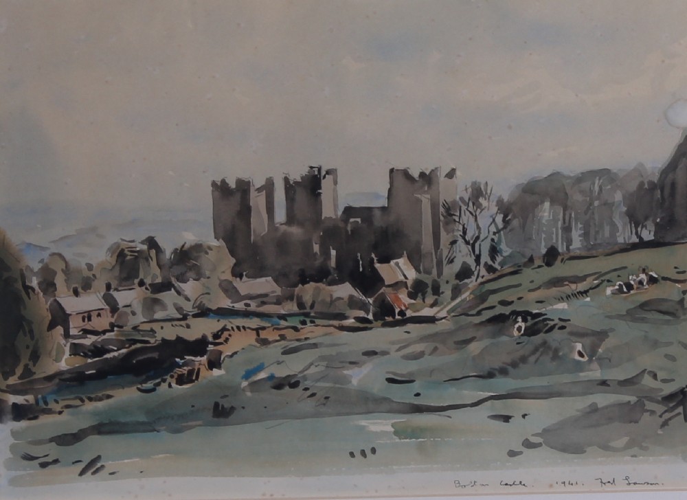 A watercolour landscape painting depicting the dark silhouette of Bolton Castle surrounded by rolling hills in muted grey and brown tones.