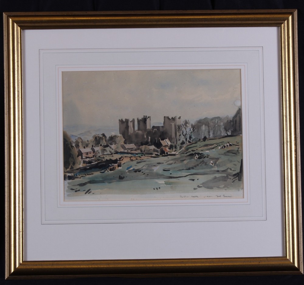 A watercolour landscape painting depicting the dark silhouette of Bolton Castle surrounded by rolling hills in muted grey and brown tones. View II