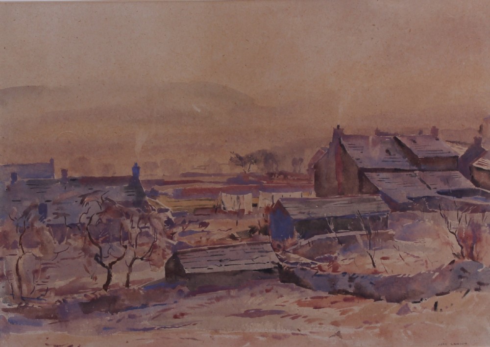 A watercolour landscape depiction of rural cottages with laundry hanging on a line against distant mist-covered hills in warm brown tones.